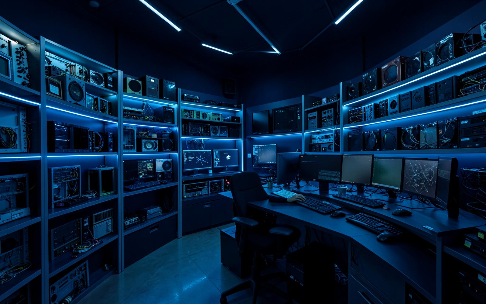 Laboratório de informática com prateleiras de equipamentos em luz azul